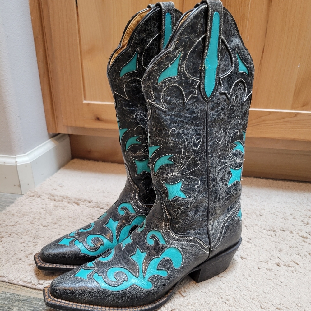 J.B. Dillon Women's Black and Turquoise Western Heeled Boots